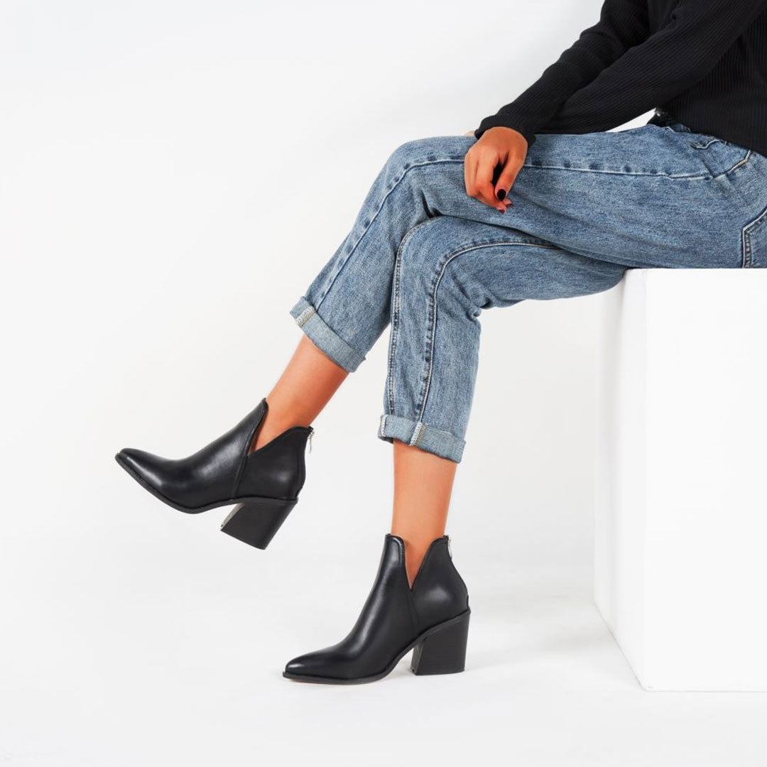 Women's Retro Black Synthetic Leather Chunky Heel Ankle Boots – Bold