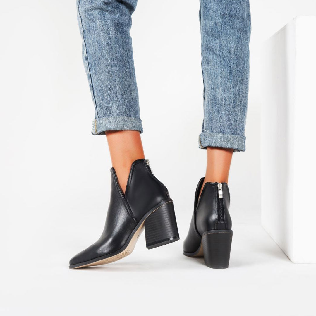 Women's Retro Black Synthetic Leather Chunky Heel Ankle Boots – Bold