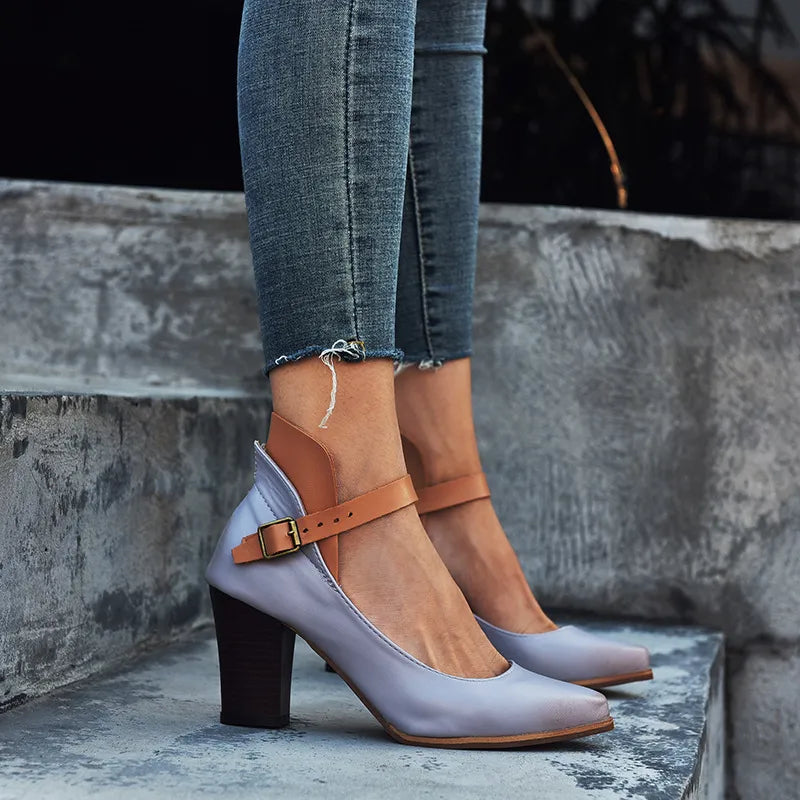Women's Stylish Comfortable Buckle Block Heel Shoe - Confidence, Stability