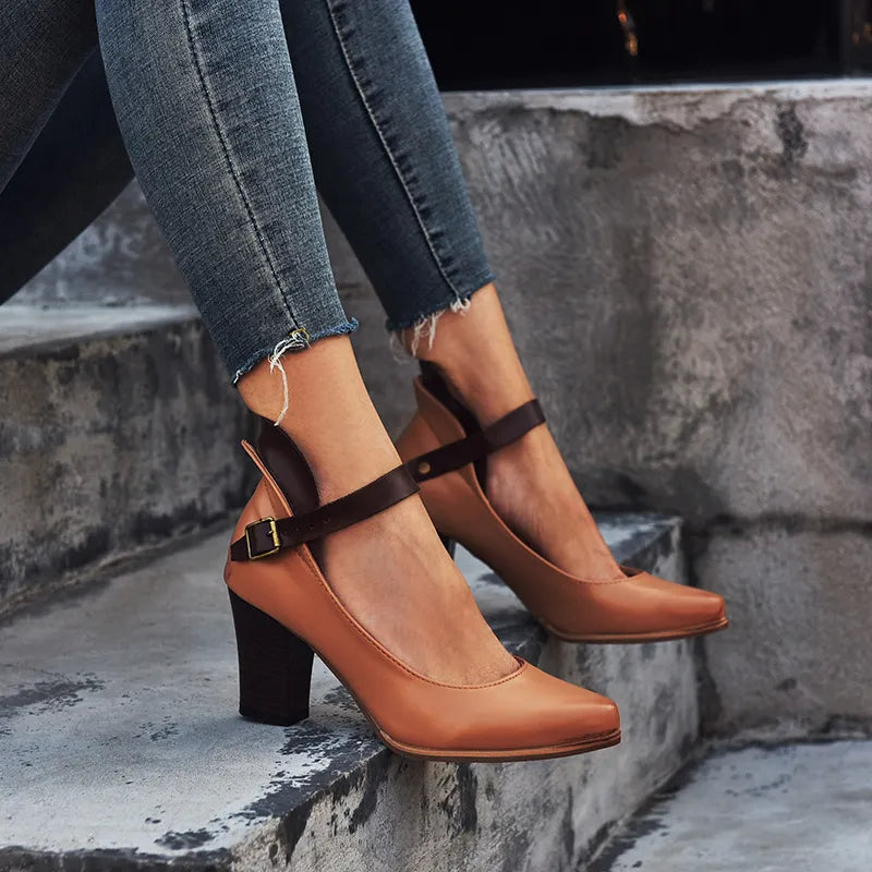 Women's Stylish Comfortable Buckle Block Heel Shoe - Confidence, Stability