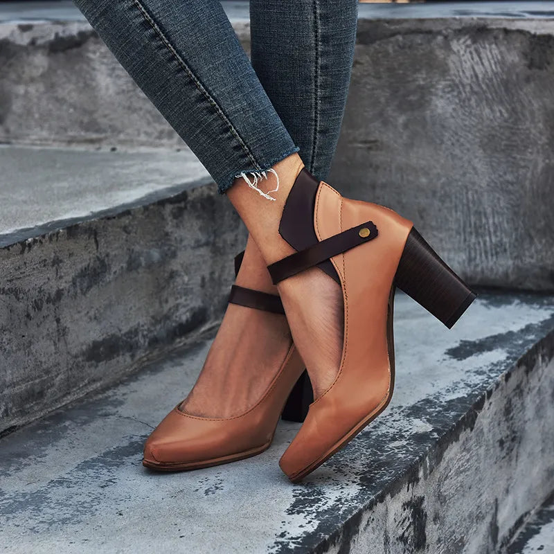 Women's Stylish Comfortable Buckle Block Heel Shoe - Confidence, Stability