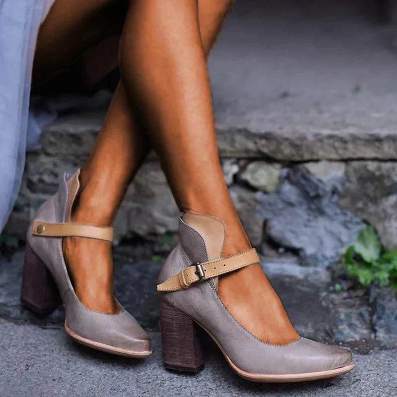Women's Stylish Comfortable Buckle Block Heel Shoe - Confidence, Stability