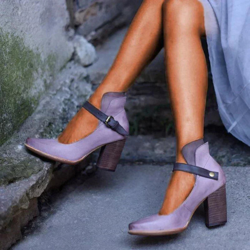 Women's Stylish Comfortable Buckle Block Heel Shoe - Confidence, Stability