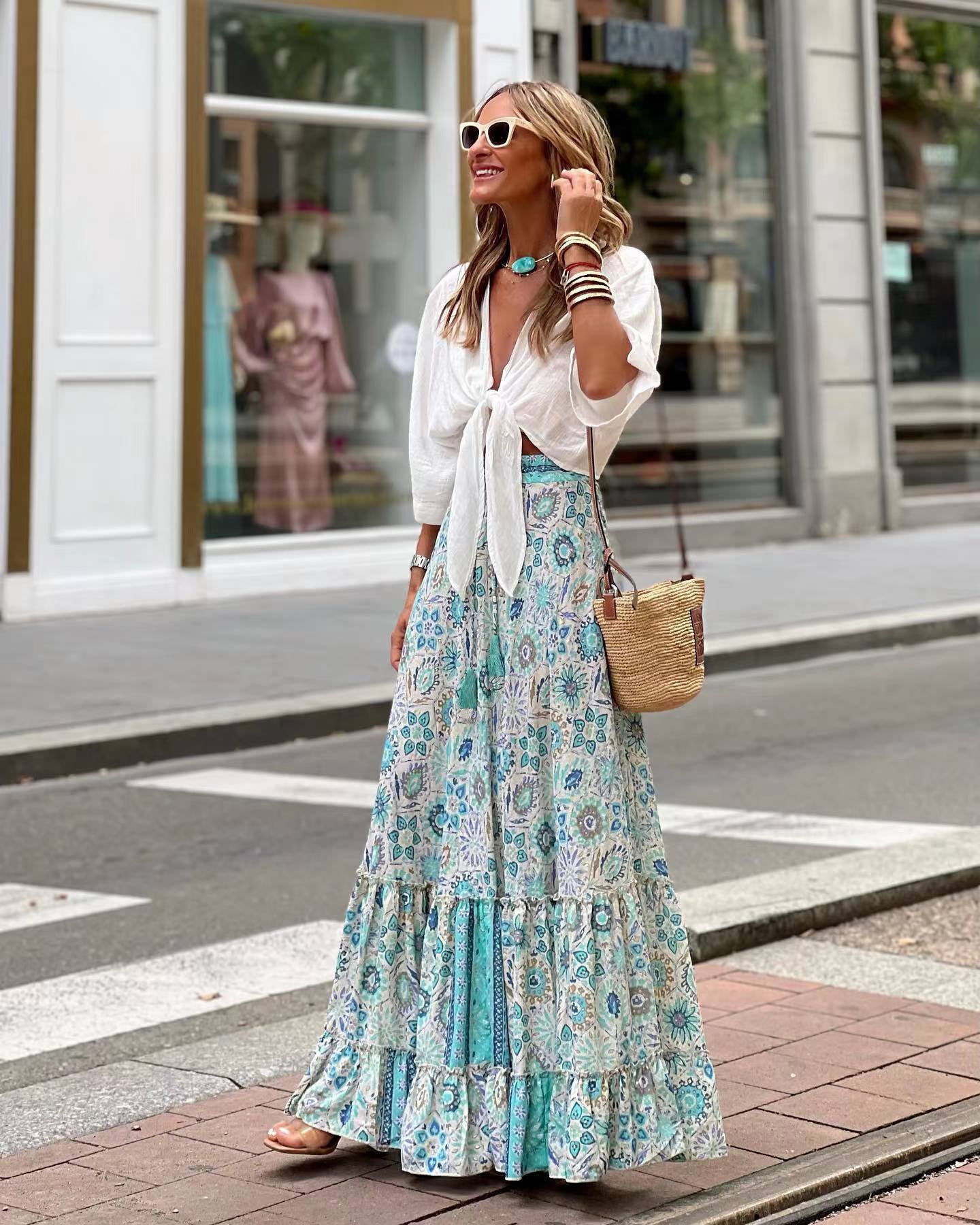 Women's Summer Floral Flared Maxi Skirt - Elegant, Flattering