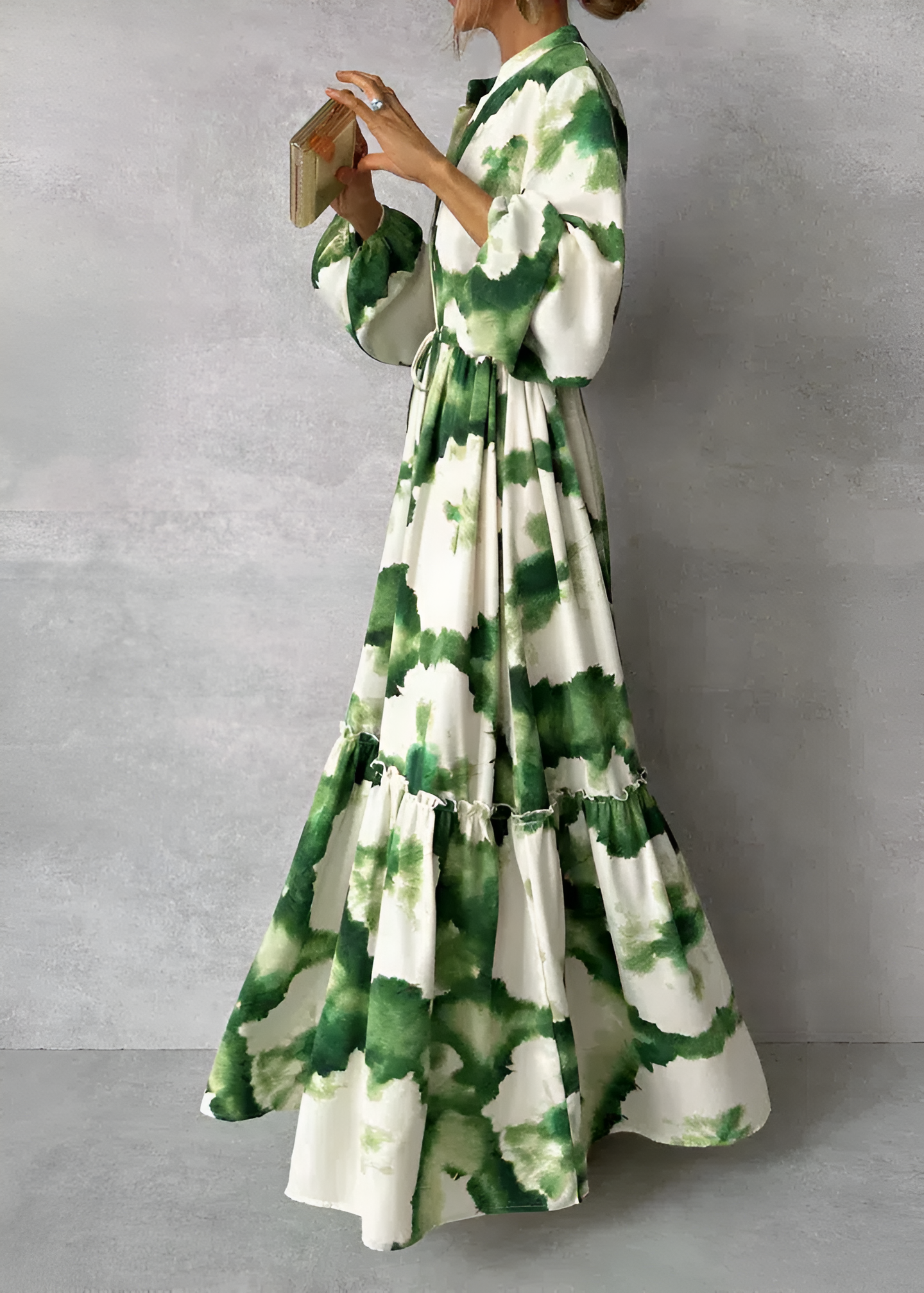 Women's Elegant Green Maxi Dress with Puff Sleeves - Stylish, Flowing