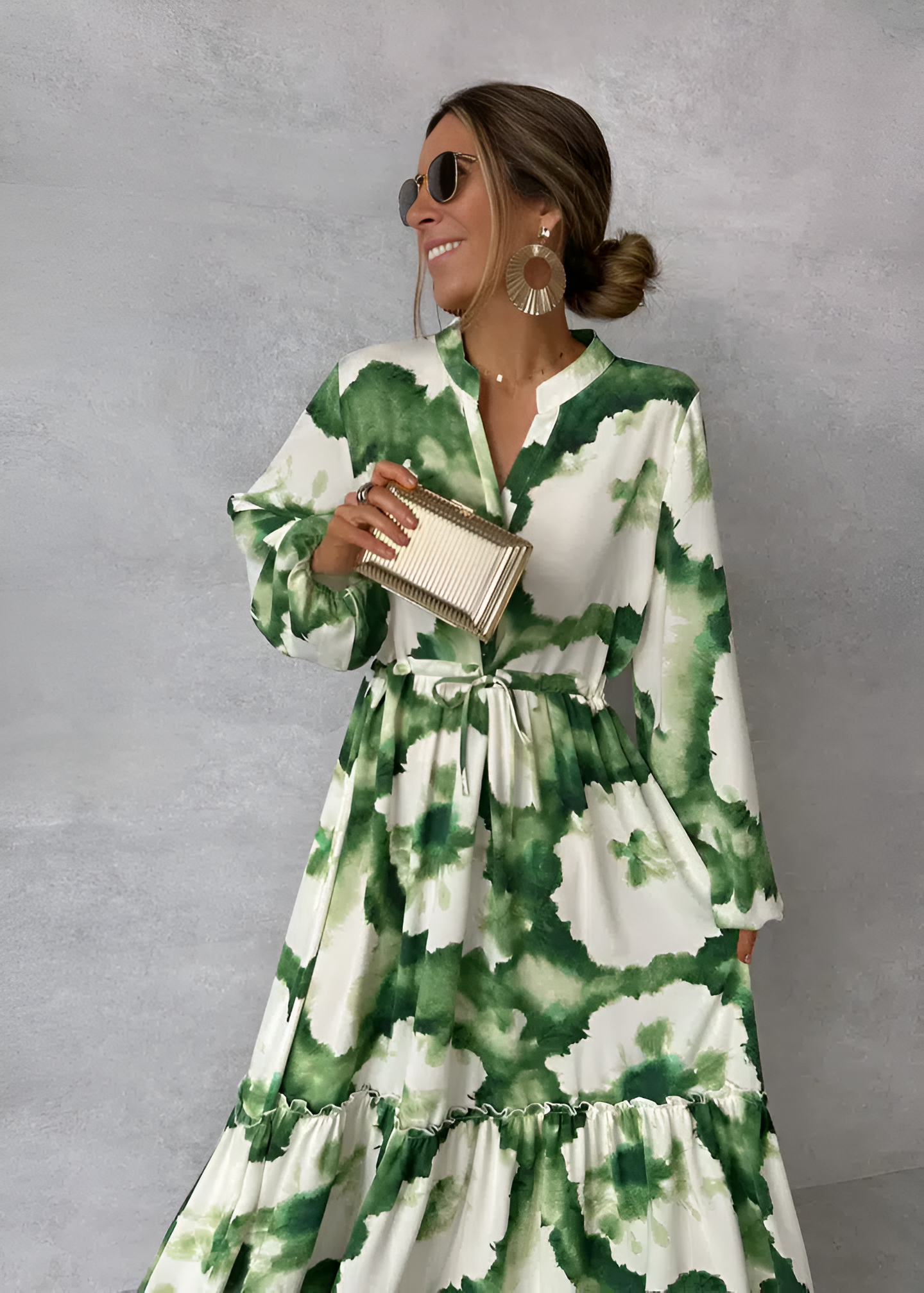 Women's Elegant Green Maxi Dress with Puff Sleeves - Stylish, Flowing