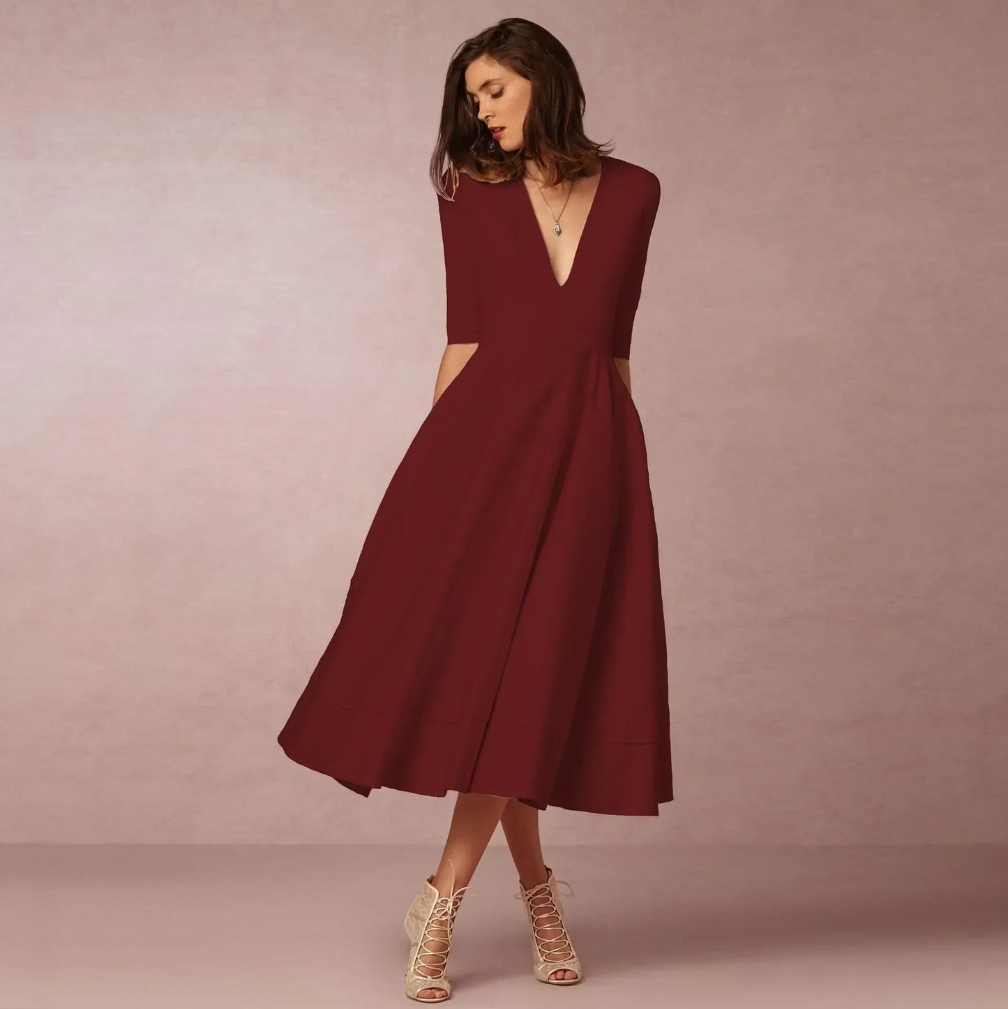 Women's Elegant Flared Midi Dress – Graceful and Timeless Silhouette