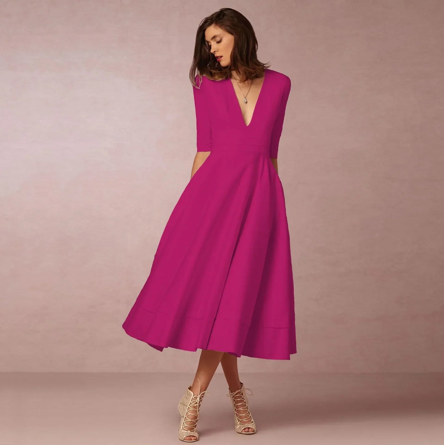 Women's Elegant Flared Midi Dress – Graceful and Timeless Silhouette