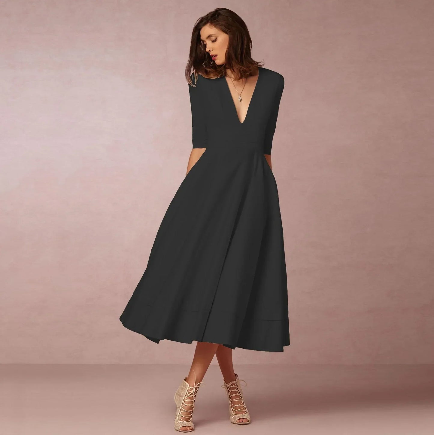 Women's Elegant Flared Midi Dress – Graceful and Timeless Silhouette