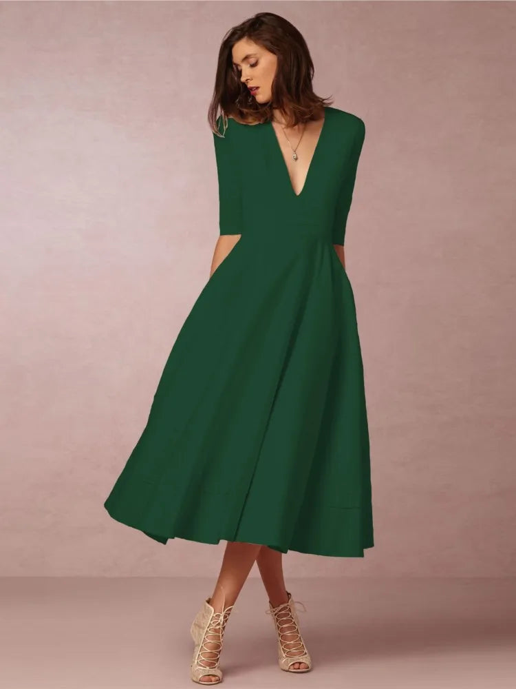 Women's Elegant Flared Midi Dress – Graceful and Timeless Silhouette