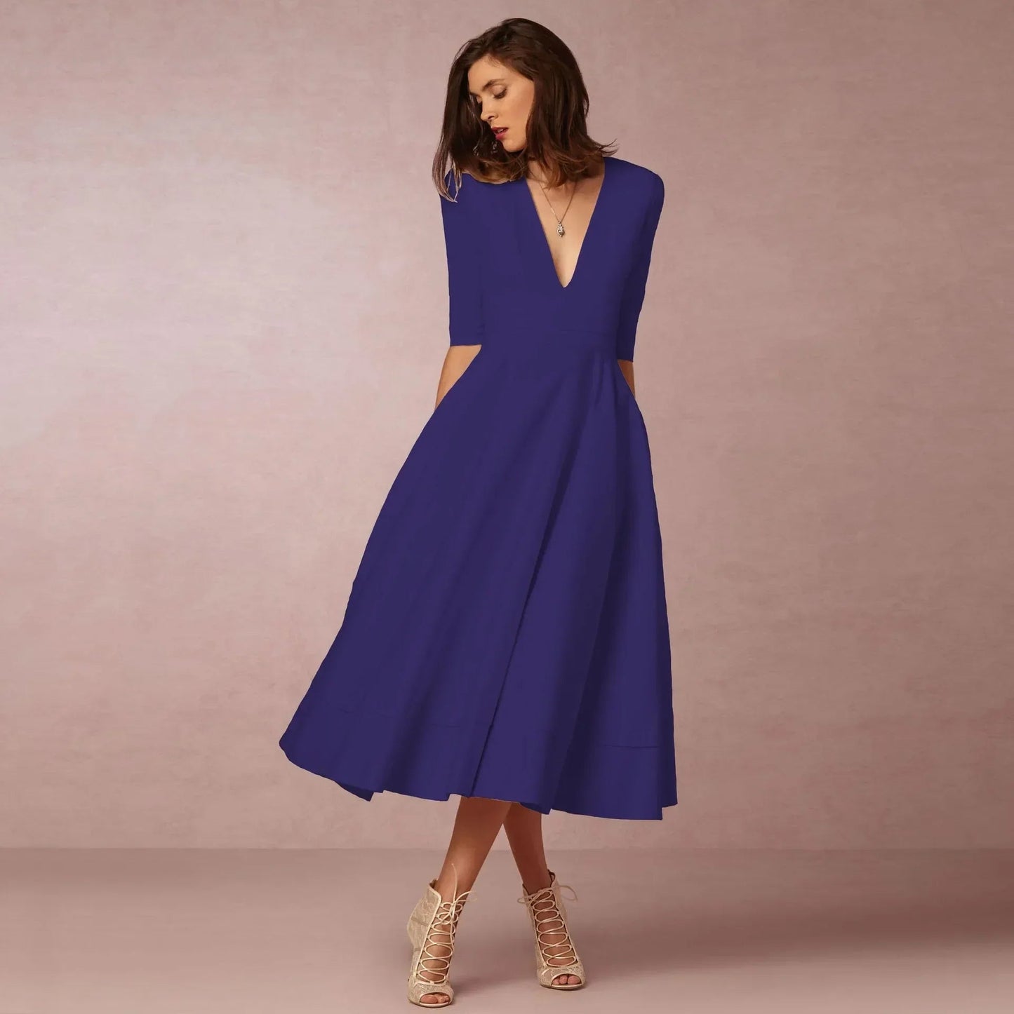 Women's Elegant Flared Midi Dress – Graceful and Timeless Silhouette