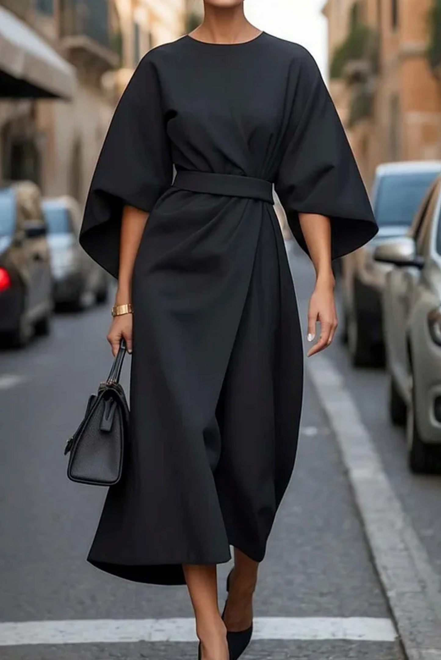Women's Formal Elegant Midi Dress with Wide Sleeves - Bold, Luxurious