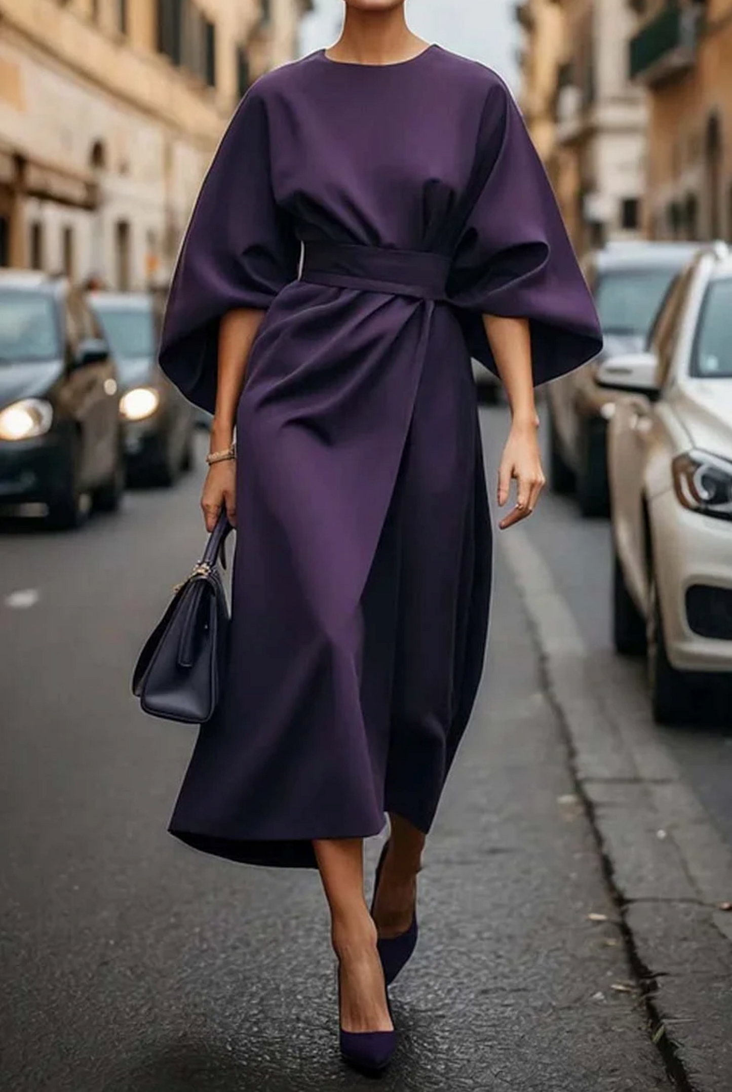 Women's Formal Elegant Midi Dress with Wide Sleeves - Bold, Luxurious