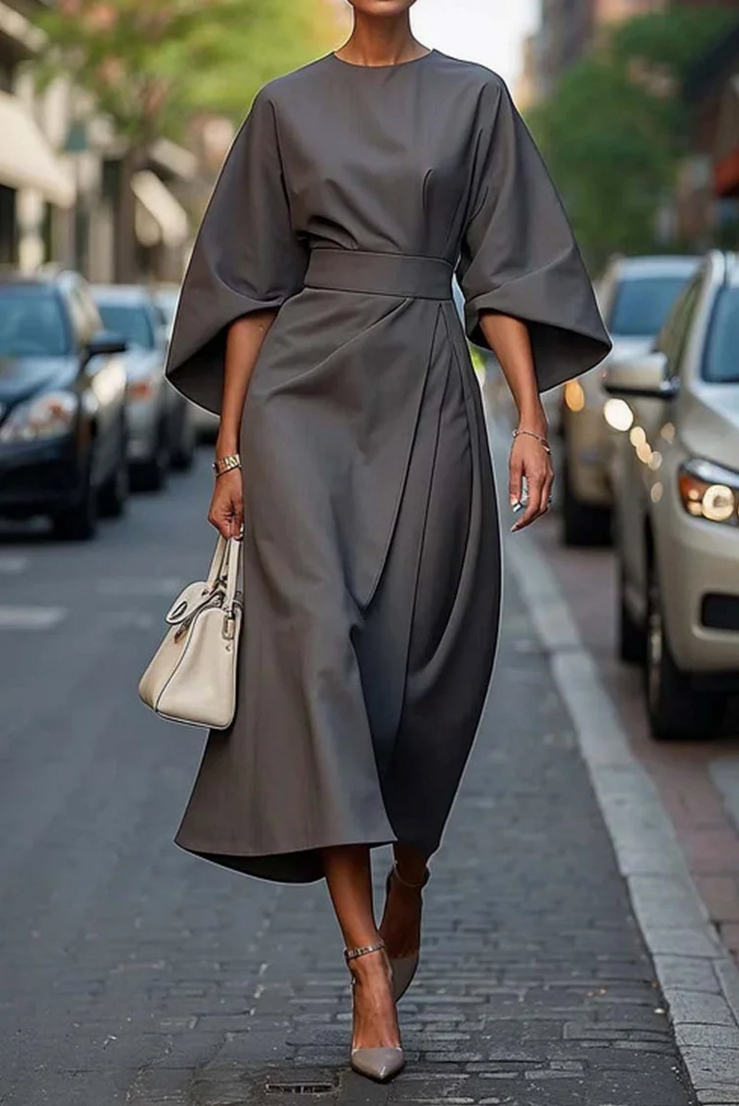 Women's Formal Elegant Midi Dress with Wide Sleeves - Bold, Luxurious