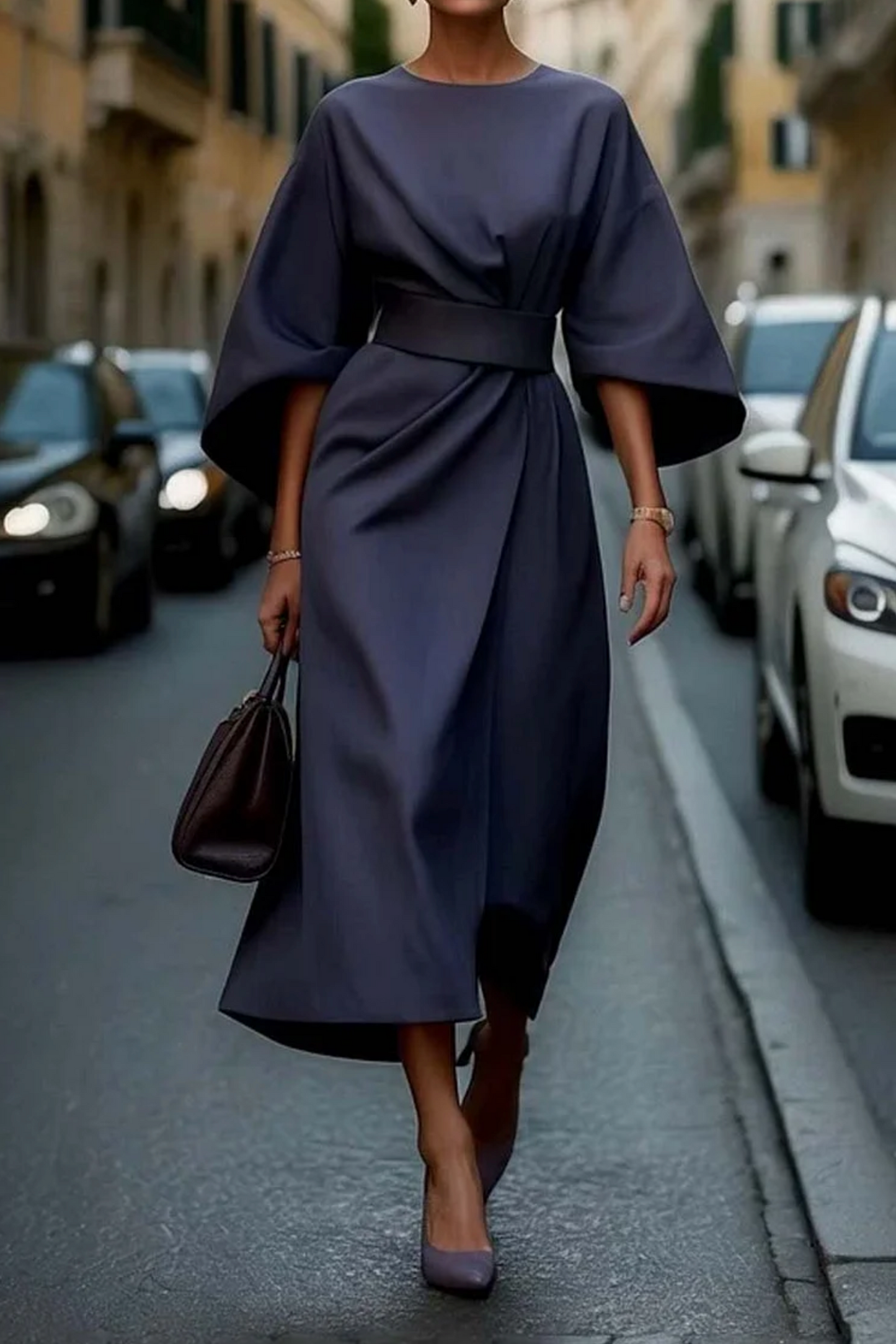 Women's Formal Elegant Midi Dress with Wide Sleeves - Bold, Luxurious