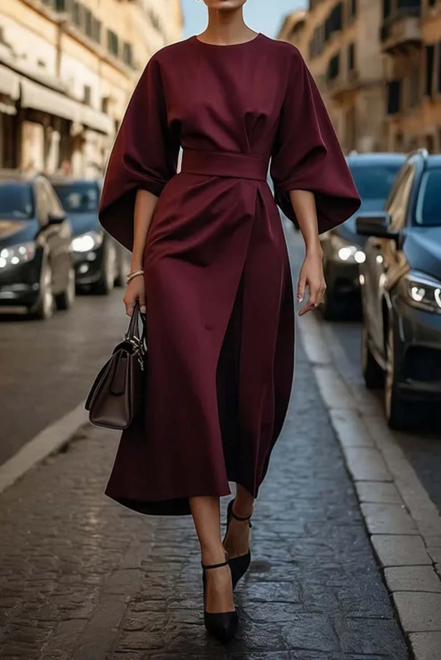 Women's Formal Elegant Midi Dress with Wide Sleeves - Bold, Luxurious