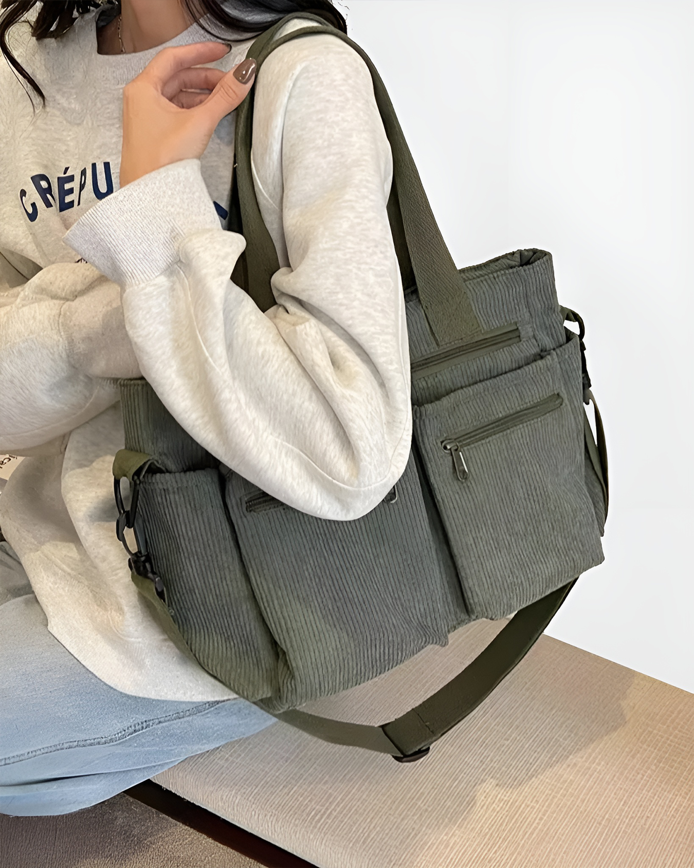 Women's Corduroy Tote Bag - Lightweight, Zippered, Everyday Bag