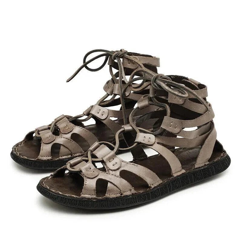 Men's Roman Gladiator Open Toe Leather Sandals - Lightweight, Non-Slip