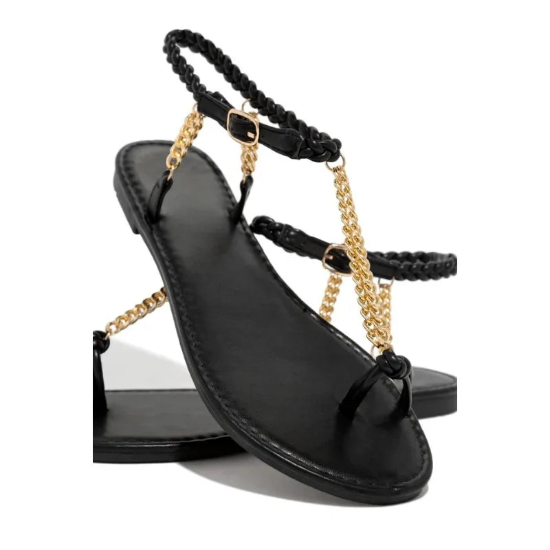 Women's Casual Gold Chain Flat Sandals - Modern, Comfortable