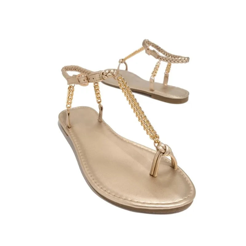 Women's Casual Gold Chain Flat Sandals - Modern, Comfortable
