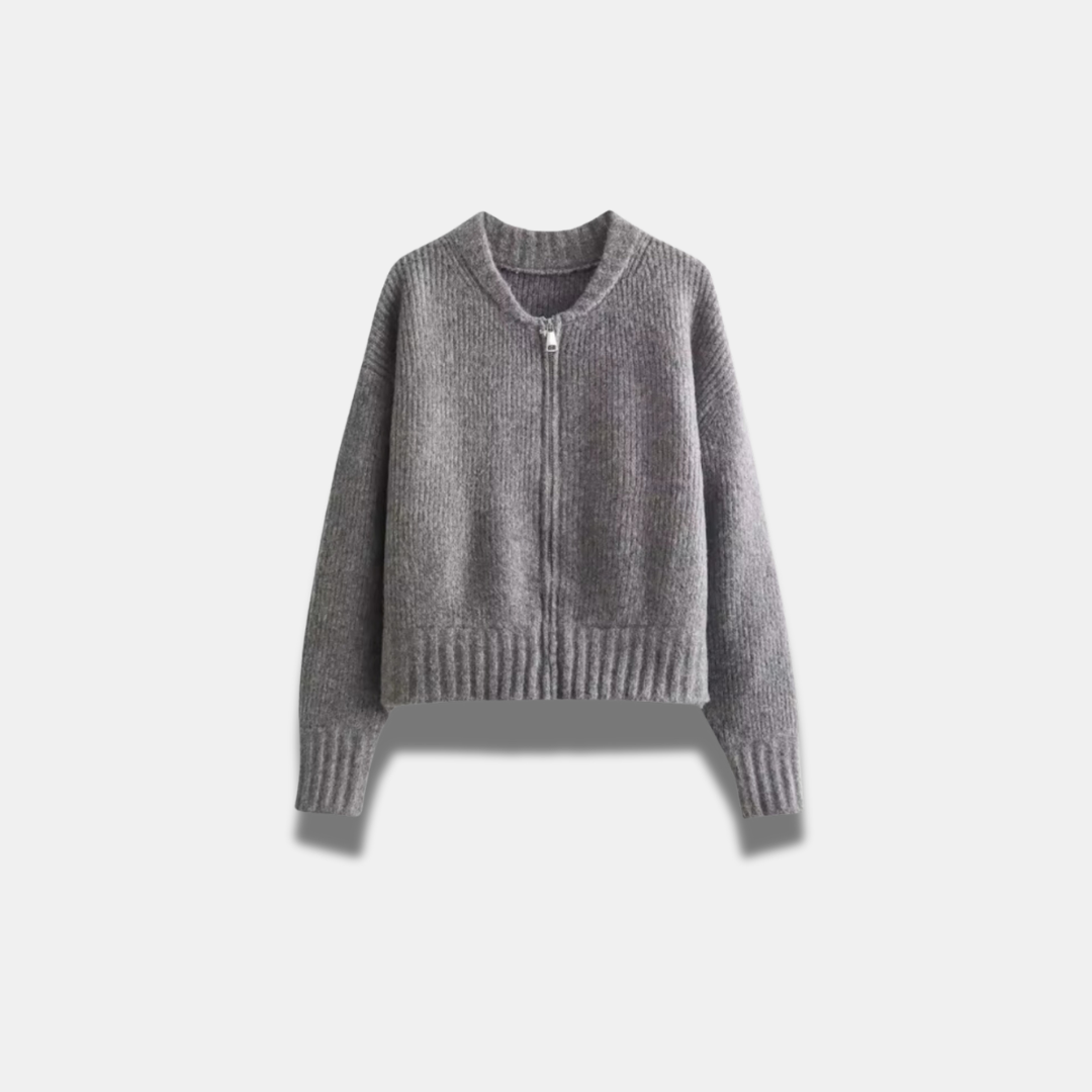 Cardigan vintage en laine à col rond et fermeture éclair pour femme