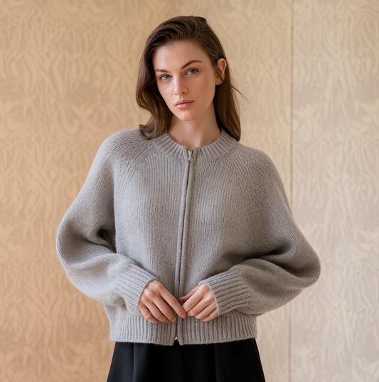 Cardigan vintage en laine à col rond et fermeture éclair pour femme
