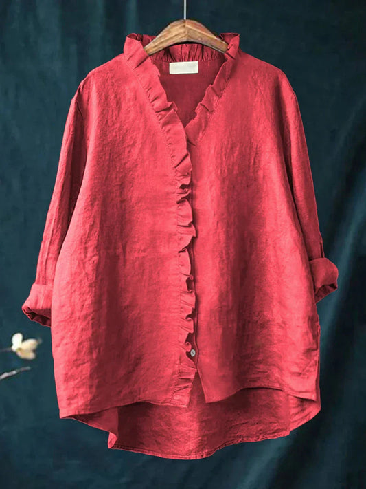 Chemise boutonnée à volants en lin et coton pour femme – Haut d'été léger 