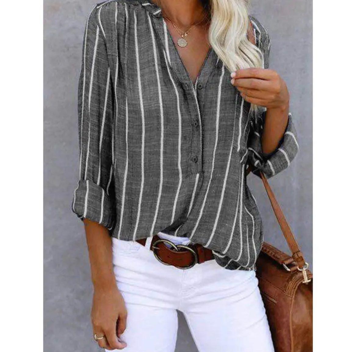 Chemise ample à rayures rouges pour femme, avec boutons et manches ajustables 