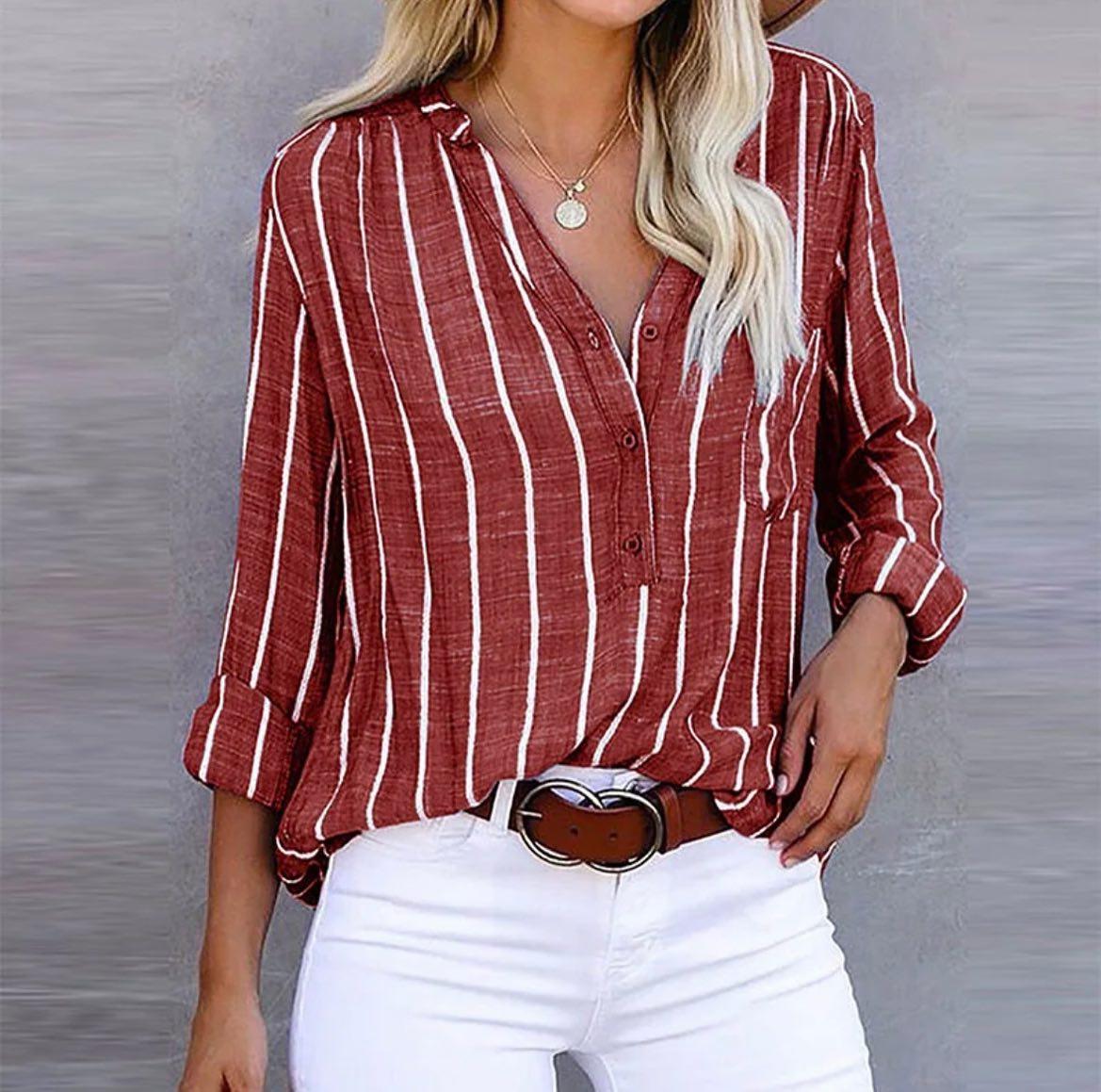 Chemise ample à rayures rouges pour femme, avec boutons et manches ajustables 