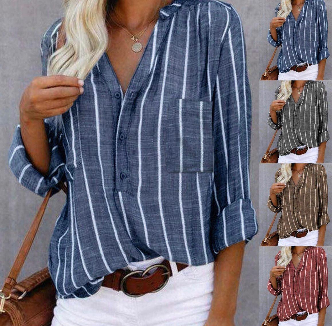 Chemise ample à rayures rouges pour femme, avec boutons et manches ajustables 