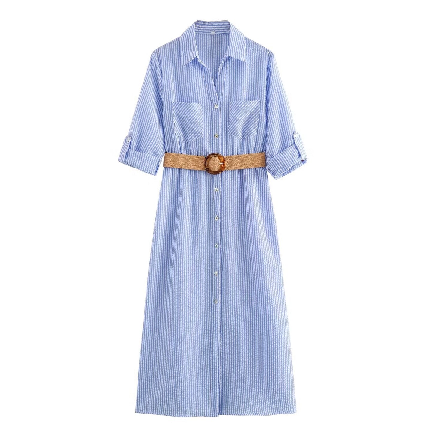 Robe chemise rayée à poches pour femme - Mélange de coton léger, élégante 