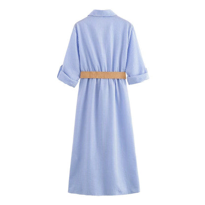Robe chemise rayée à poches pour femme - Mélange de coton léger, élégante 
