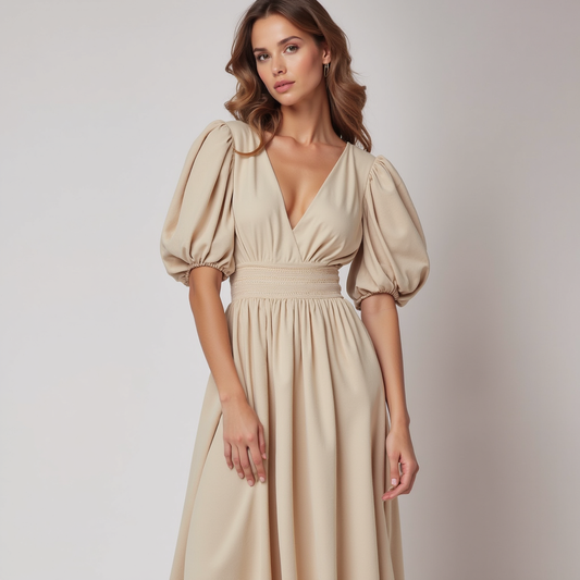 Women's Flattering Flared Maxi Wedding Guest Dress - Elegant Puff Sleeves