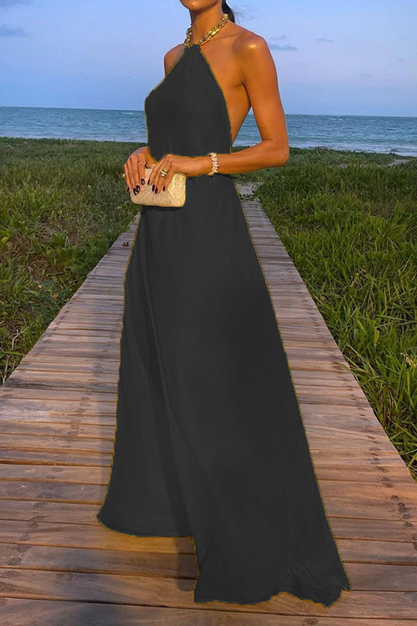 Robe longue fluide jaune élégante à col licou pour femme - Confiance et charme 