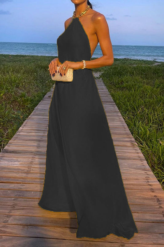 Robe longue fluide jaune élégante à col licou pour femme - Confiance et charme 