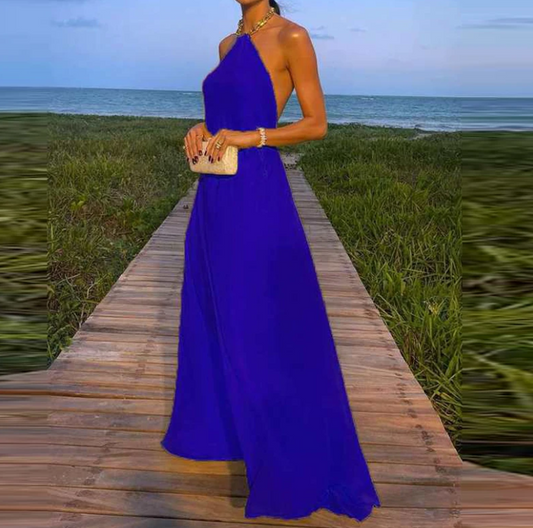 Robe longue fluide jaune élégante à col licou pour femme - Confiance et charme 