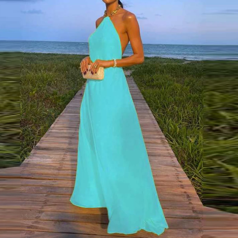 Robe longue fluide jaune élégante à col licou pour femme - Confiance et charme 