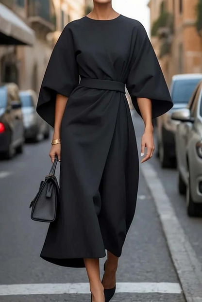 Women's Formal Elegant Midi Dress with Wide Sleeves - Bold, Luxurious