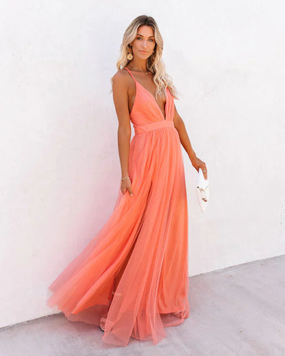 Robe de mariée trapèze orange à col en V pour femme - Élégante et luxueuse 